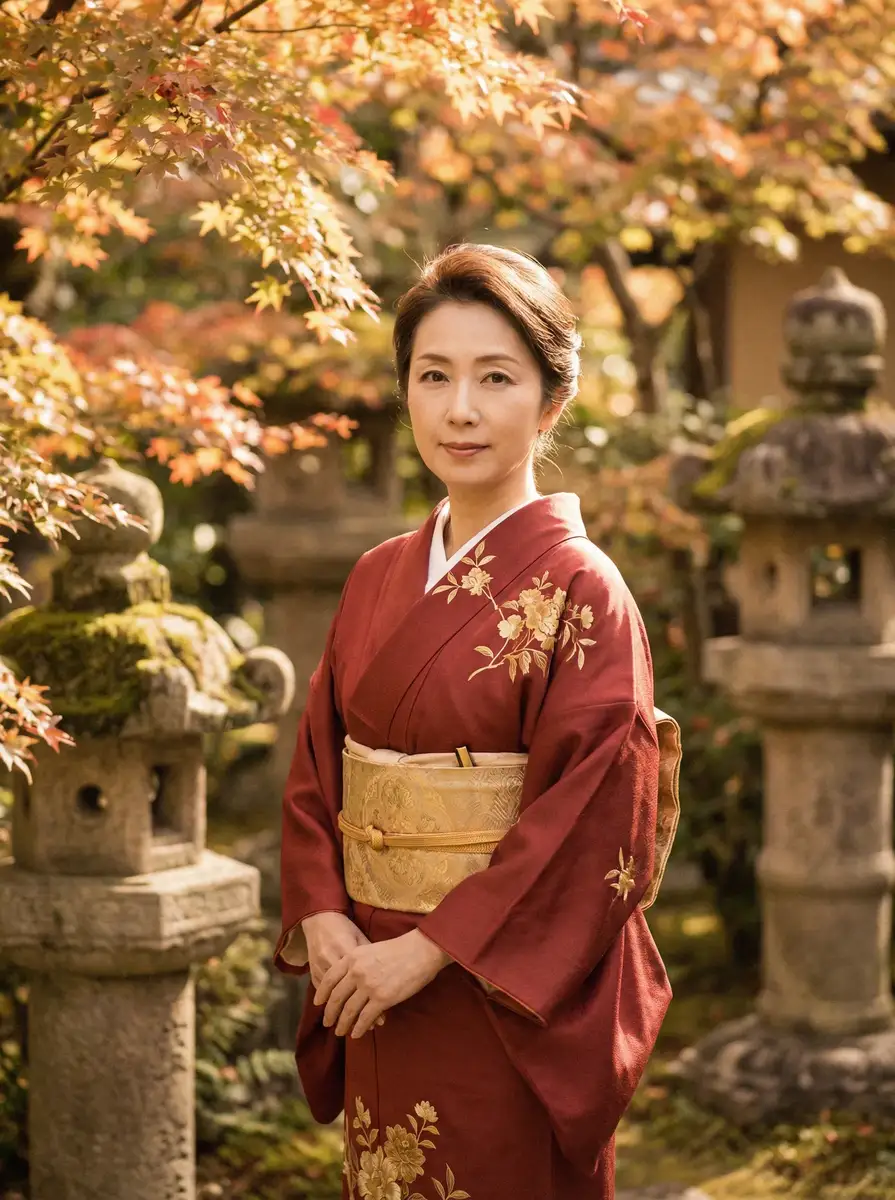 一位身穿暗红色和服的优雅 无懈可击之高手如林下载 在日式庭院中